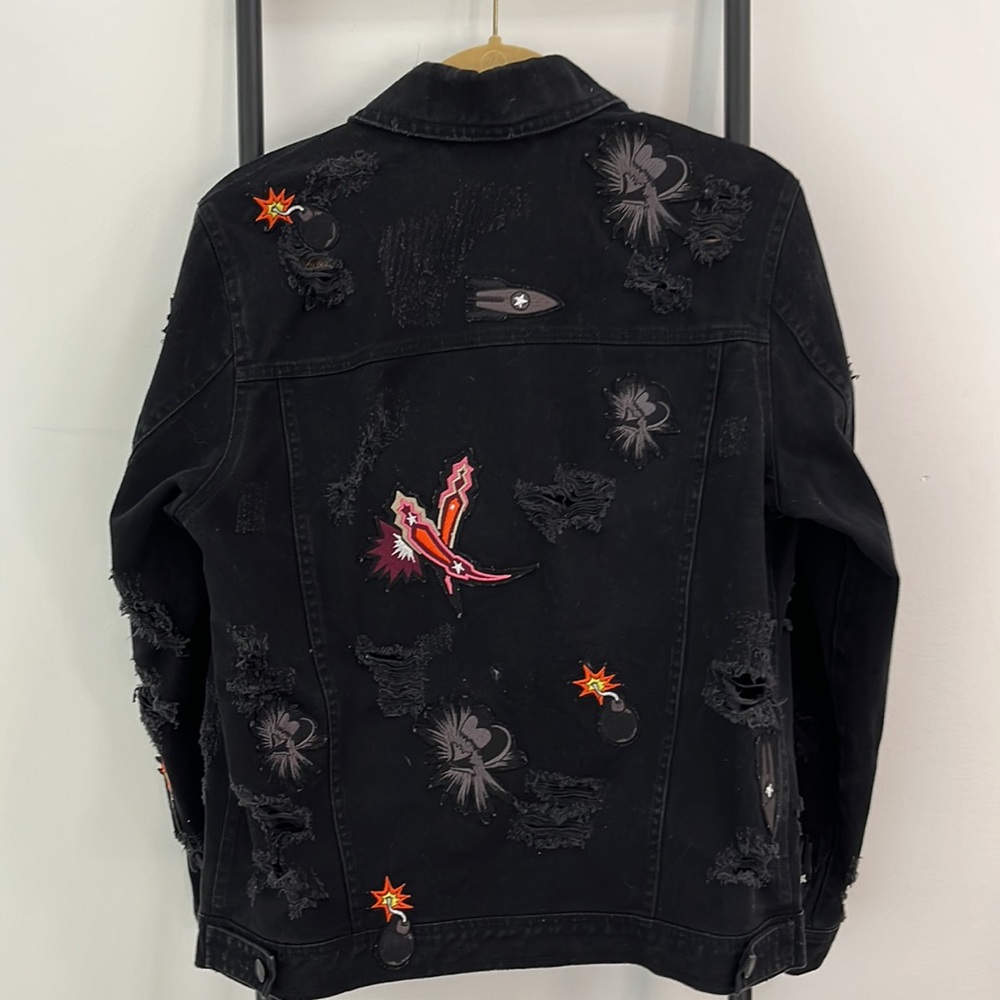 Msgm Patch Distressed Black Cotton Button Down Wo… - image 6